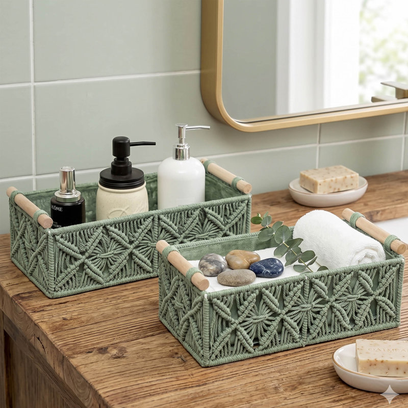 Panier de rangement en macramé Boho, panier de rangement en corde de coton tissé pour tablettes et comptoirs, Vert