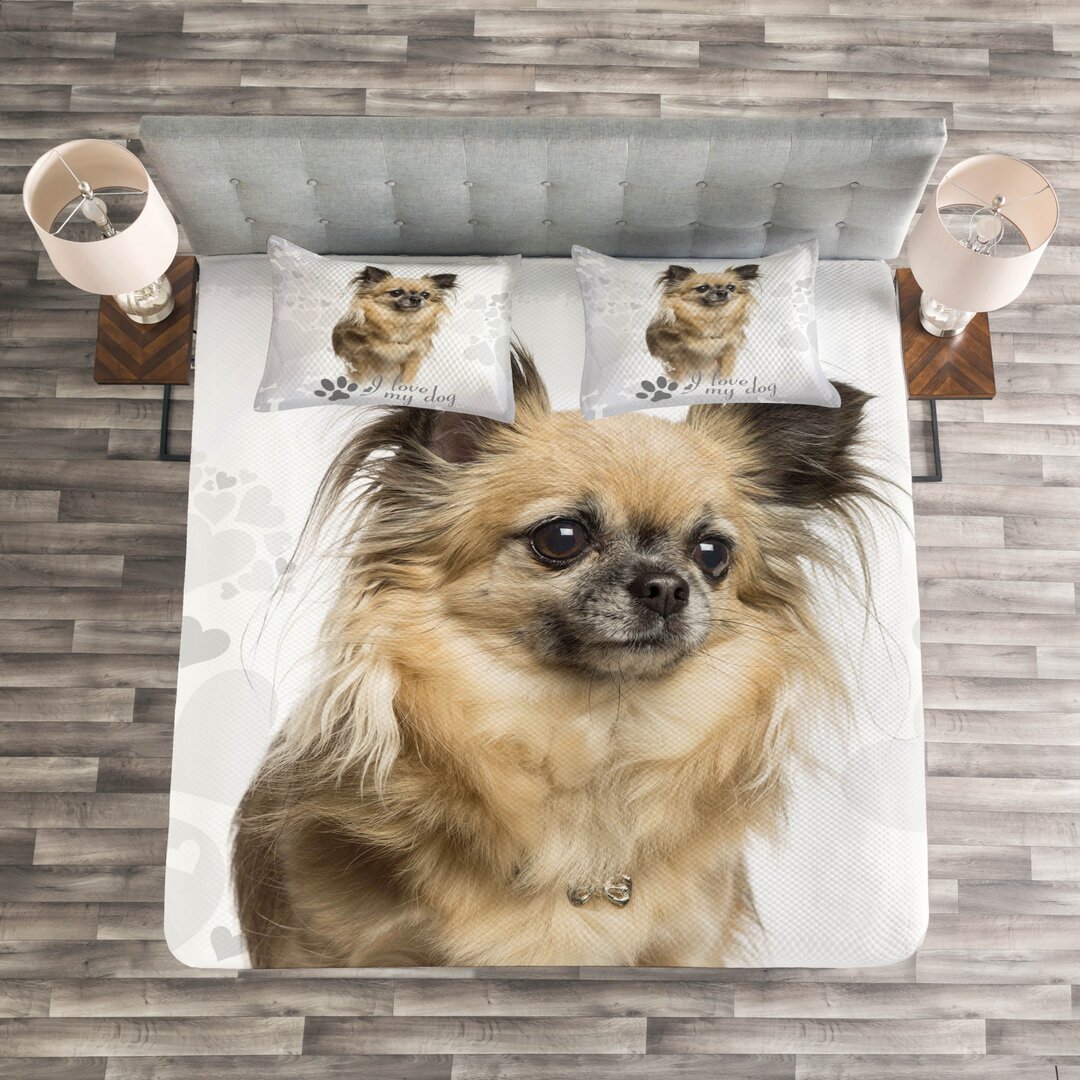 Gestepptes Bettdecken-Set, I Love My Dog Paw Print, Chihuahua, Braun Grau Sand