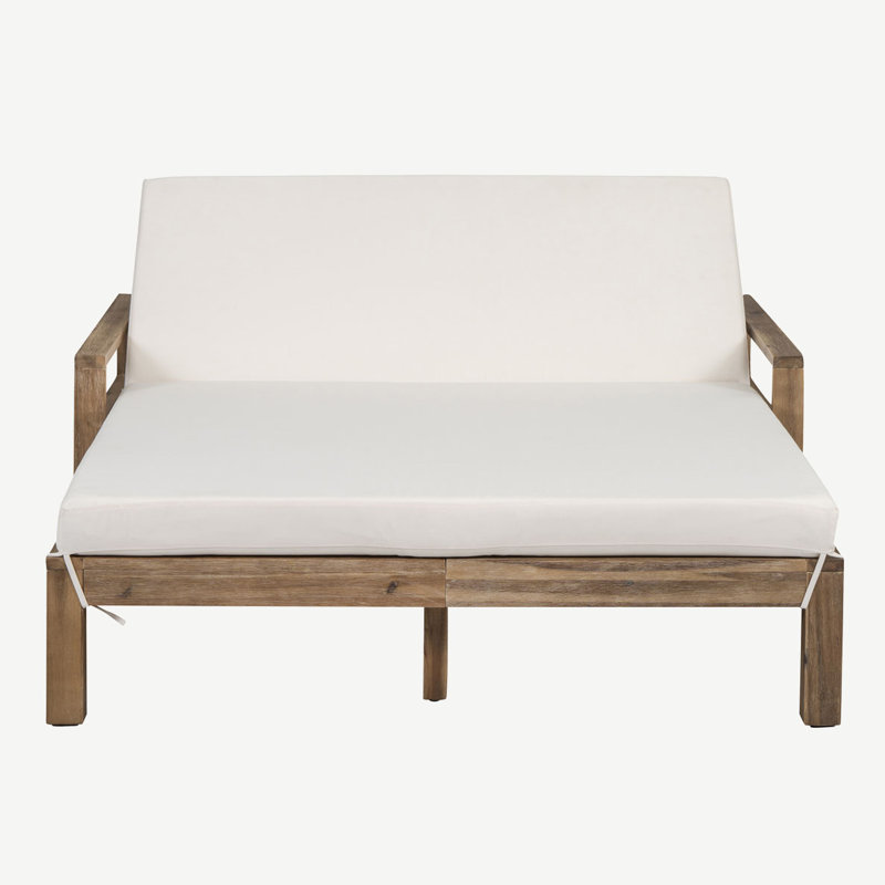Outdoor Wooden Sunbed Double Chaise Lounge, Beige