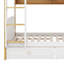 Lit superposé double sur double avec tiroirs et tablettes pour le rangement, cadre en bois avec rails de sécurité en forme de maison