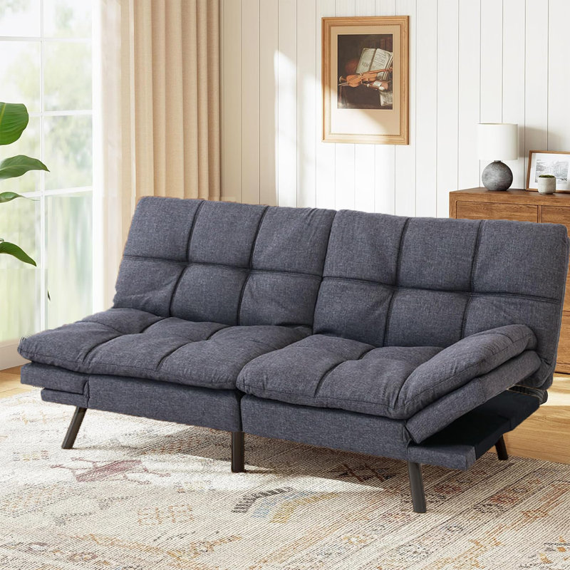 71'' Wide Faux Leather Futon Sofa Bed Couch with Adjustable Armrests for Living Room, Gray Fabric