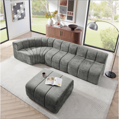 Modern Semi-Curved Modular Sectional Sofa, Vertical Stitched Chenille Soft Couch with Movable Adjustable Ottoman, Rounded Edge Wear-resistant All Season Comfort Floor Sofa for Indoor Use