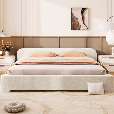 Structure de lit tapissier très grand blanc très confortable pour un sommeil familial, lit à 3 pattes de soutien central, différentes tailles de chambre à coucher flexibles, structure