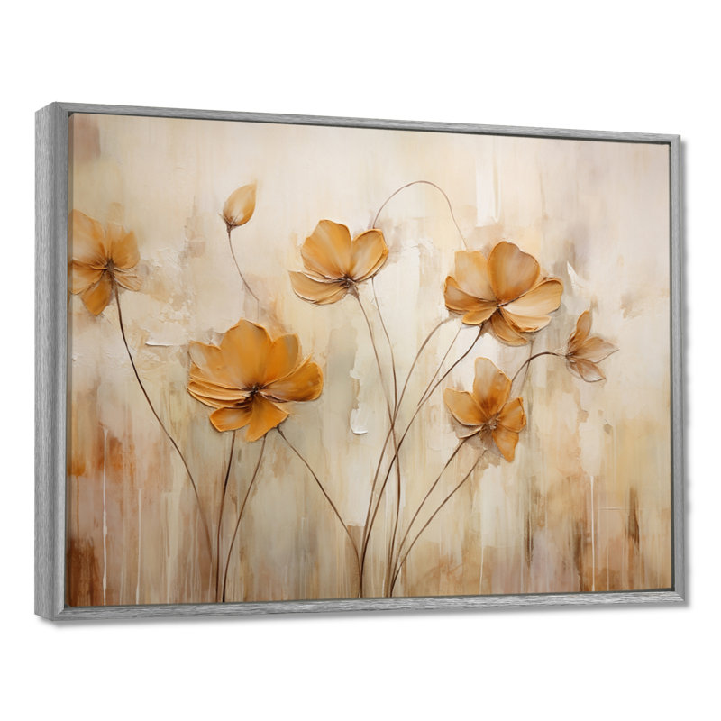 «Beige Botanical Impressions IV», reproduction d'art mural abstrait, H 16 po x l 32 po x P 1 po, Encadrement argenté