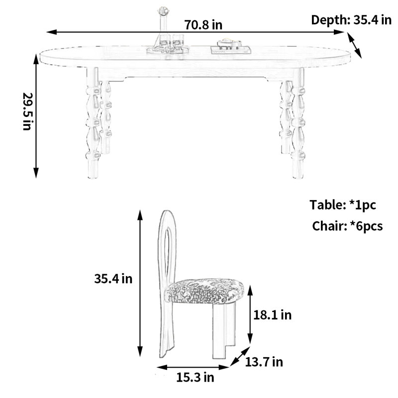 Table de salle à manger et chaises style Mid-Century minimaliste, H 29,5 po x L 70,8 po x l 35,4 po