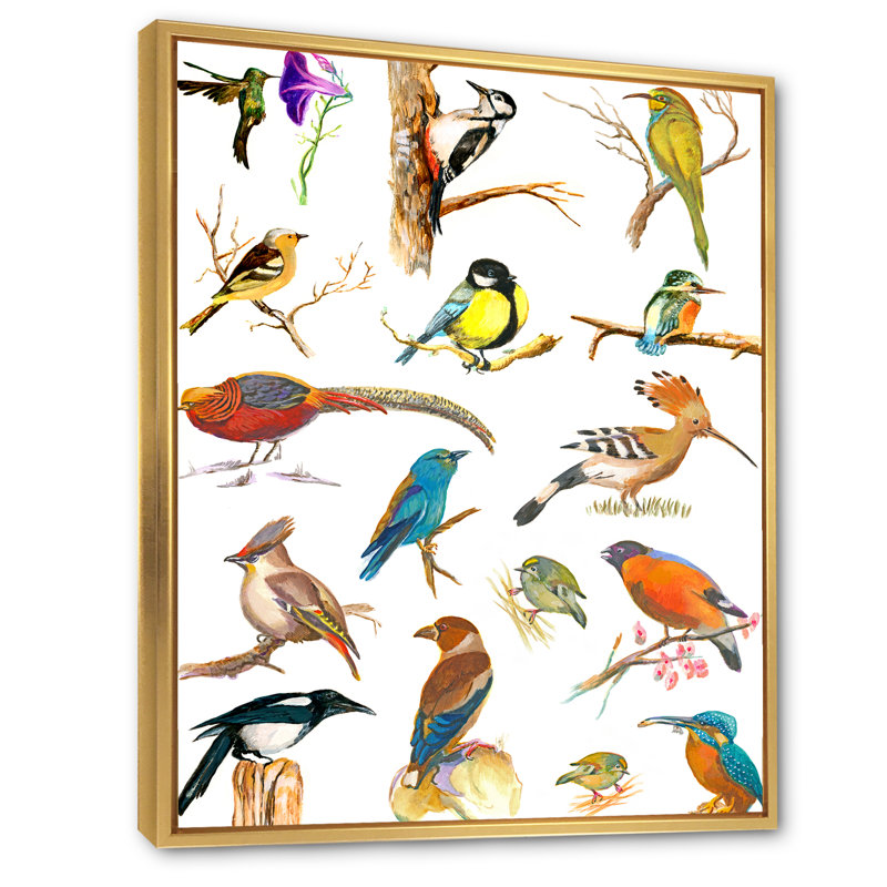 «Vibrant Coloured Birds Plancard», reproduction sur toile, H 32 po x l 16 po x P 1 po, Toile encadrée dorée
