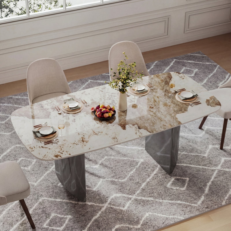 Wakenda 63" Modern Rectangular Sintered Stone Dining Table With Stainless Steel Base, 31.5" W x 63" L, Gray