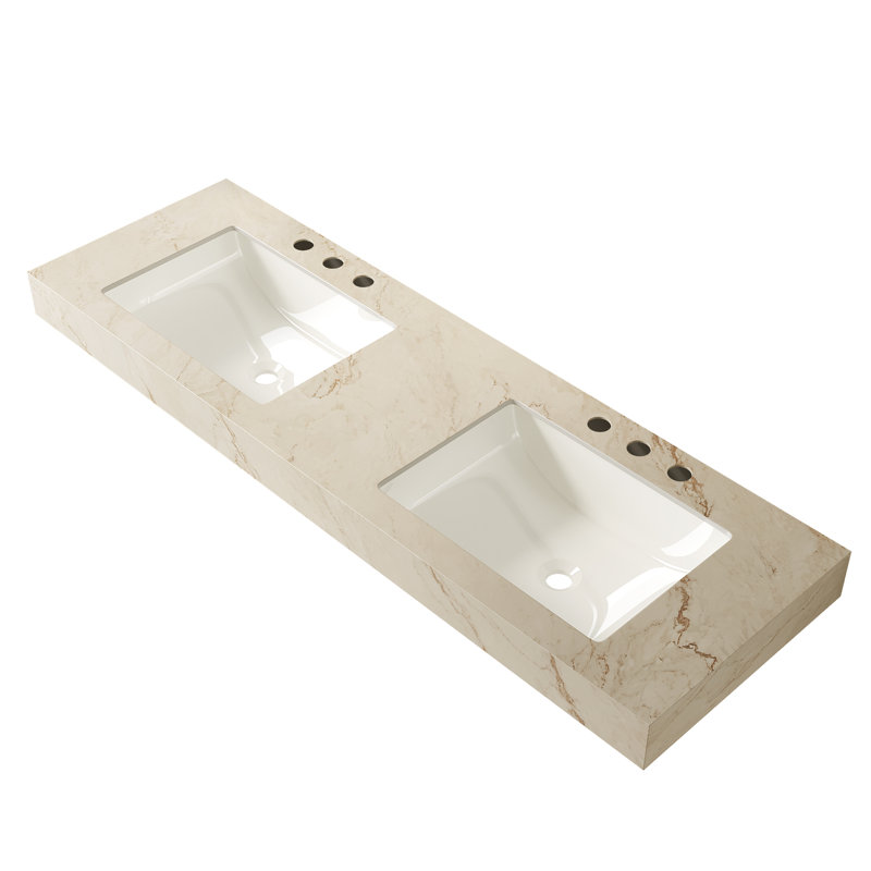 Plan de toilette LULA 60 pouces en pierre frittée couleur crème veinée or avec double lavabo en céramique