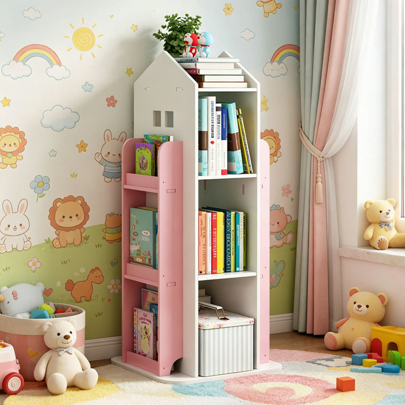Bibliothèque pour enfants à 4 niveaux avec base pivotante à 360 °, Rose et blanc