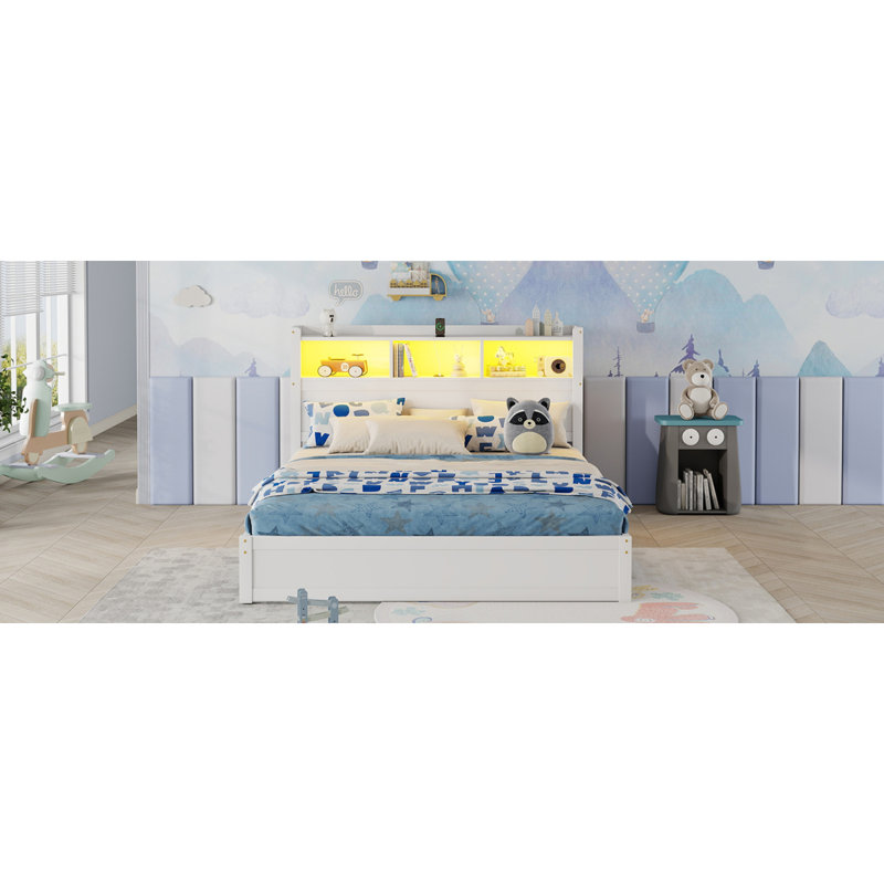 Grand lit avec tiroirs, grand lit en bois avec tête de rangement et armoire de rangement escamotable, lit en bois avec lumière et douille, blanc