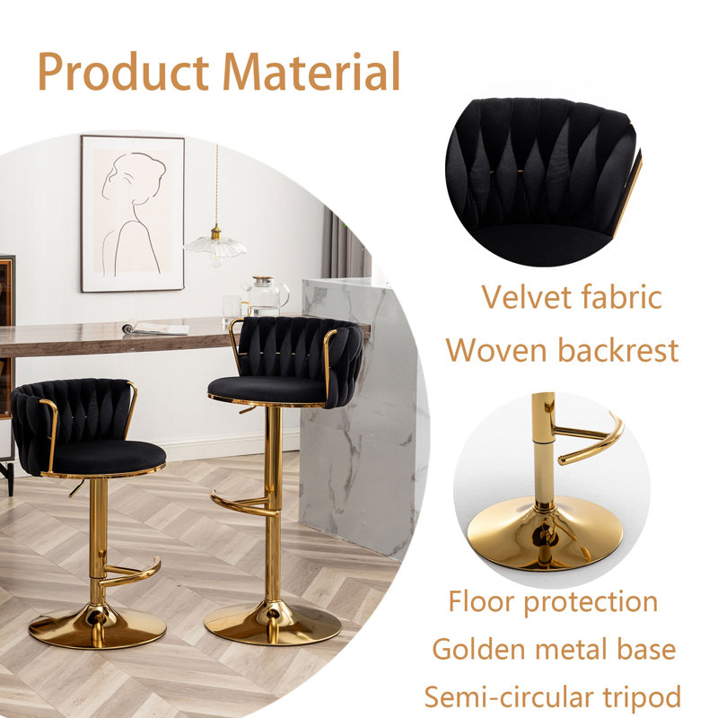 Velvet Bar Stools Set Of 2, Counter Height Bar Chairs With Low Back, Gold Swivel Bar Stools For Kitchen Island, Bar Pub, Gold