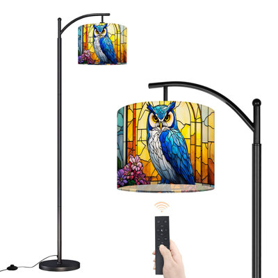 Arc Floor Lamp with Adjustable Lampshade Blue Owl Vibrant Floral Standing Lamp 3 Colour Temperatures Dimmable Tall Pole Lamp with Foot Switch for Bedroom