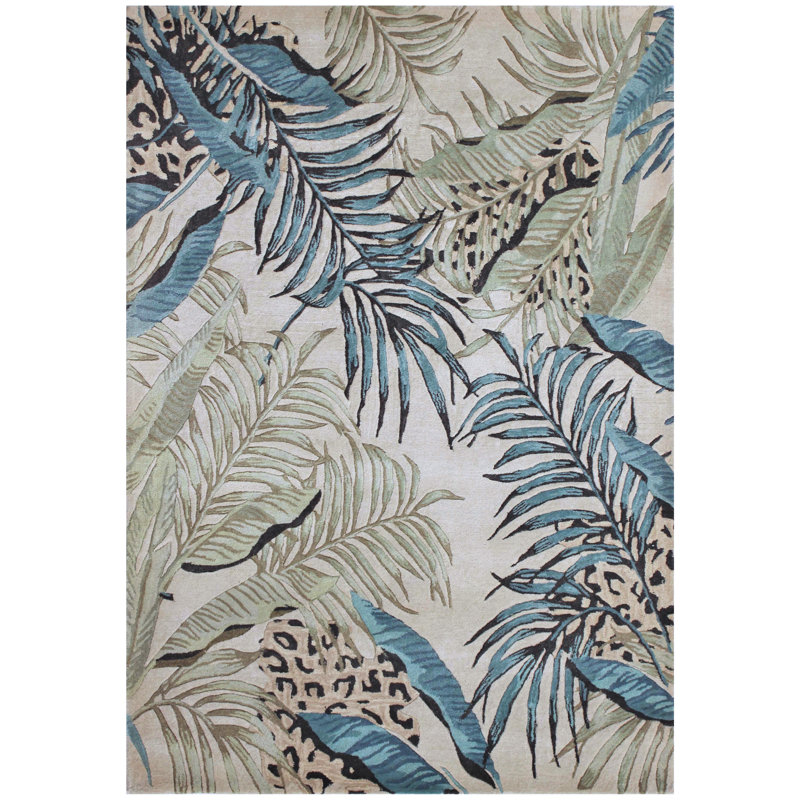 Tapis ivoire / bleu en laine touffeté à la main Jerad, Rectangle 8 pi 6 po x 11 pi 6 po