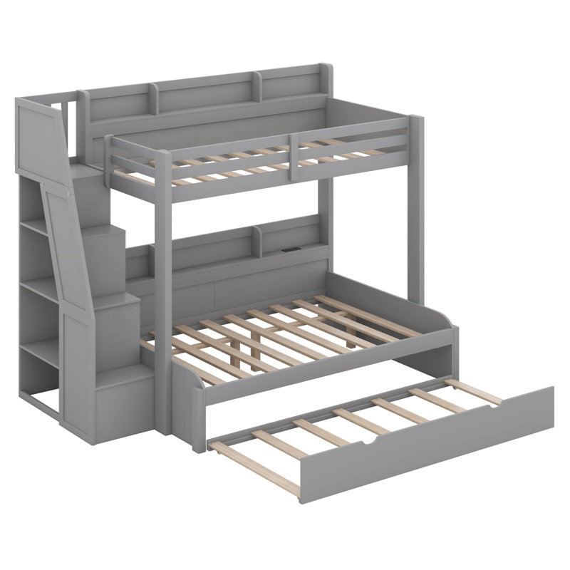 Lit superposé simple au-dessus de double avec lit gigogne et escalier de rangement, garde-corps pleine longueur, tablettes de rangement et port USB, aucune boîte à ressorts nécessaire