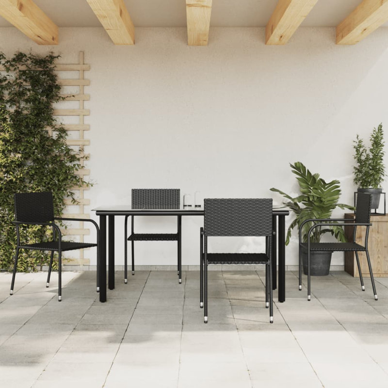 Lindasue Wicker Patio Dining Set with Rectangular Table, Black, 4, 29.1" H x 63" L x 31.5" W