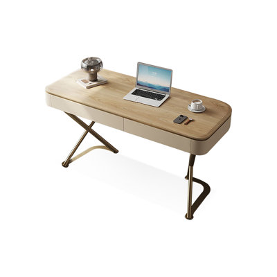 Brown ash Rectangular Solid + Manufactured Wood with 2 drawers desk