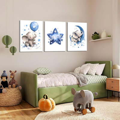 Ensemble de 3 reproductions murales sur toile de chambre de bébé, chambre d'éléphant bleu et étoiles