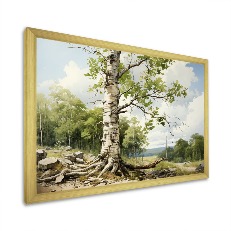 Birch Tree Forest Essence 2 - Art mural arbre, Cadre doré à coins fermés, H 12 po x l 20 po x P 1 po