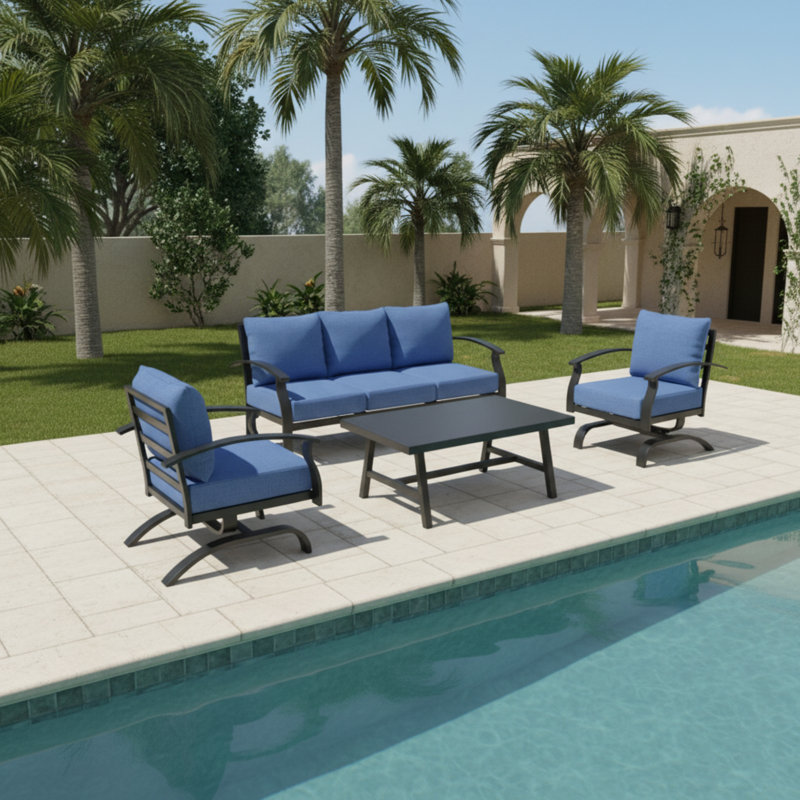 4-Piece Outdoor Metal Patio Conversation Set With Cushions, Navy