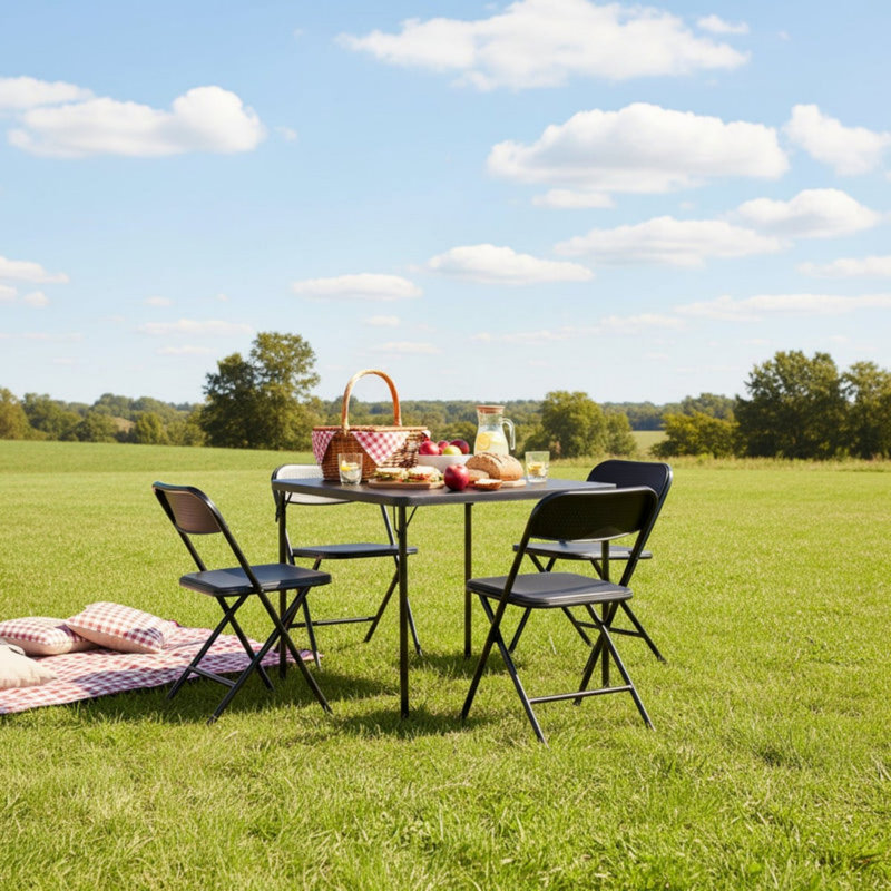Ensemble de table pliante et 4 chaises, plateau de table en PP avec structure en métal, ensemble de chaises de table pliables portables pour le camping en plein air