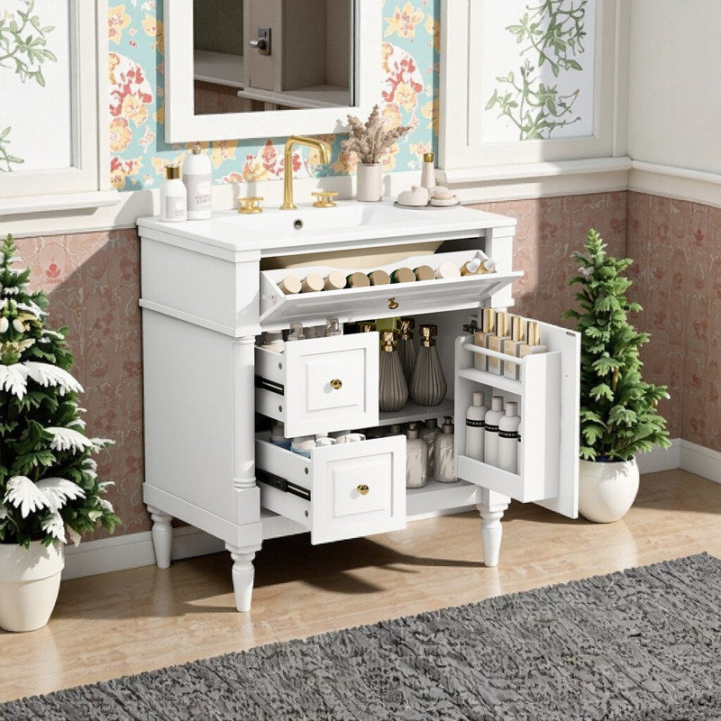 30" Freestanding Bathroom Vanity With Ceramic Sink Solid Rubberwood Frame & Flip Drawer Storage, White