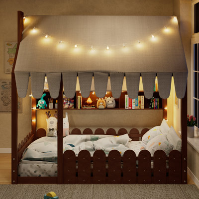 Lit de maison avec cadre en bois et lumières Ziven Montessori et 3 tablettes de rangement