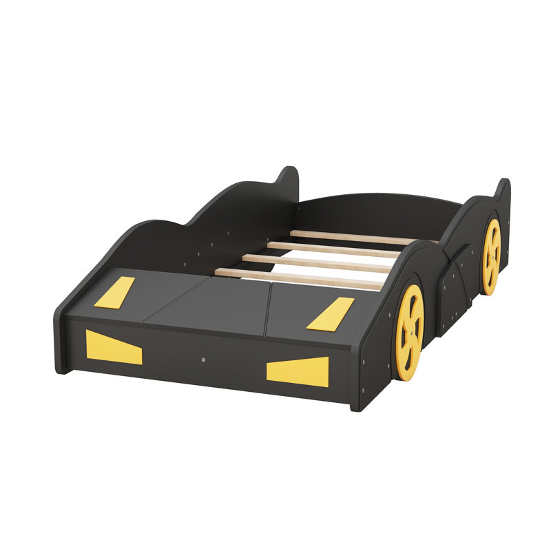 Race Car-Shaped Bed with Storage and Wheels, Solid Pine Wood, Safety Rails, No Box Spring, Black