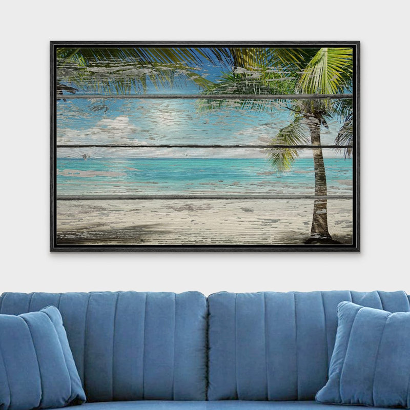 IDÉE 4 WALL - Reproduction d'art sur toile - Plage tropicale avec palmier sur fond en bois rétro - 12 po x 18 po