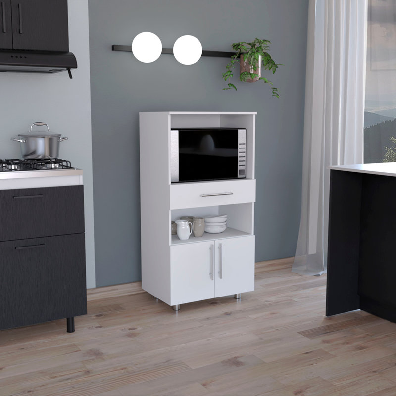 Kitchen Pantry H 48 ", deux tablettes de rangement ouvertes, une pour le micro-ondes, deux portes, quatre pieds