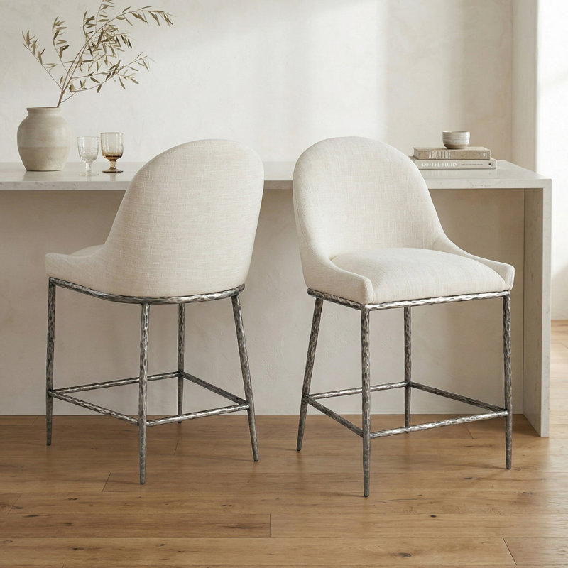 Corrinne Hammered Forged Steel Upholstered Counter Height Curved Chair, Matte Gray