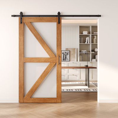 Homacer Early American 36in x 80in Arrow Pattern Glass Design Unassembled & Finished Barn Door with Non-Bypass Installation Hardware Kit, 6.6ft track, interior use only