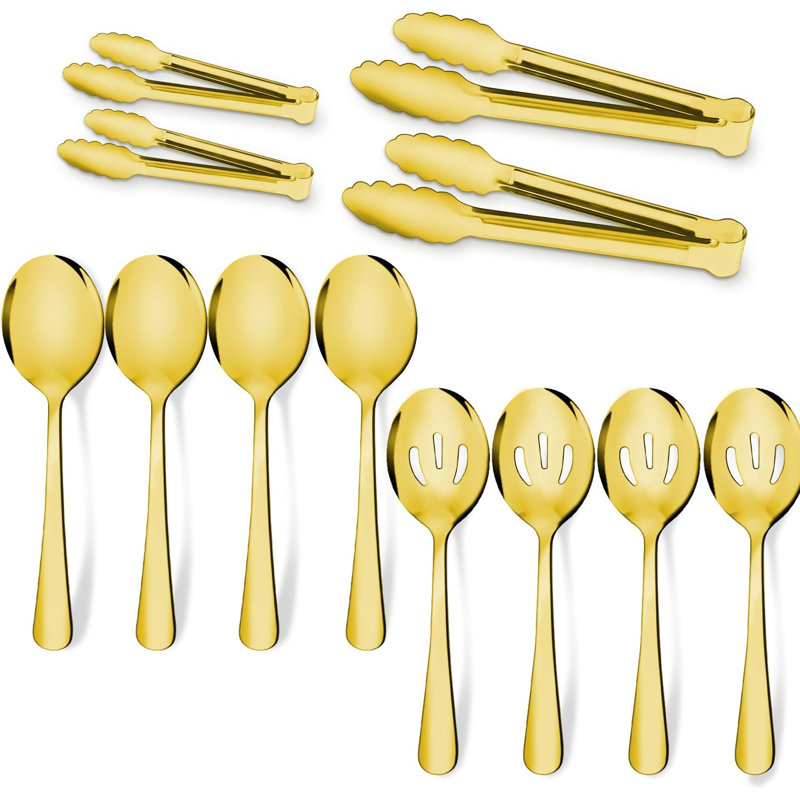 Ensemble d'ustensiles de service de 12 pièces en acier inoxydable pour la réception de banquet, comprenant des cuillères de service et des pinces