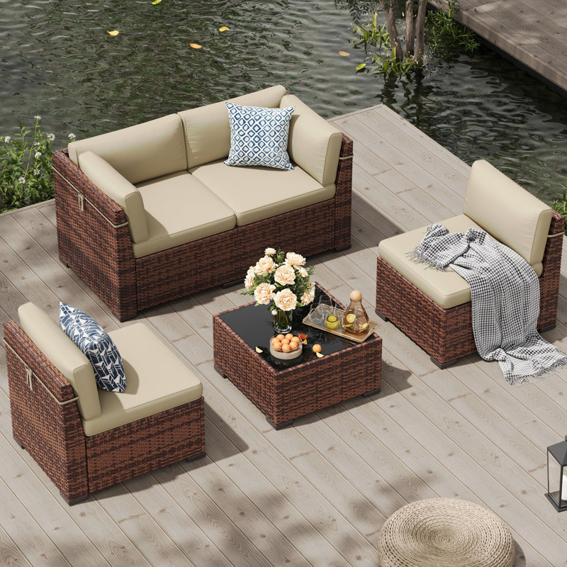 5 Pieces Patio Furniture Set, Outdoor Furniture Sectional Rattan Sofa With Slanted Back, Beige, Brown