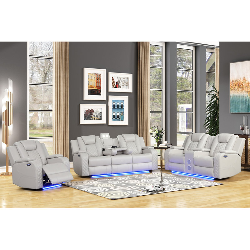 BENZ LED & Power Recliner 3 PC Made With Faux Leather In Ice (CA INVENTORY), Beige Leather
