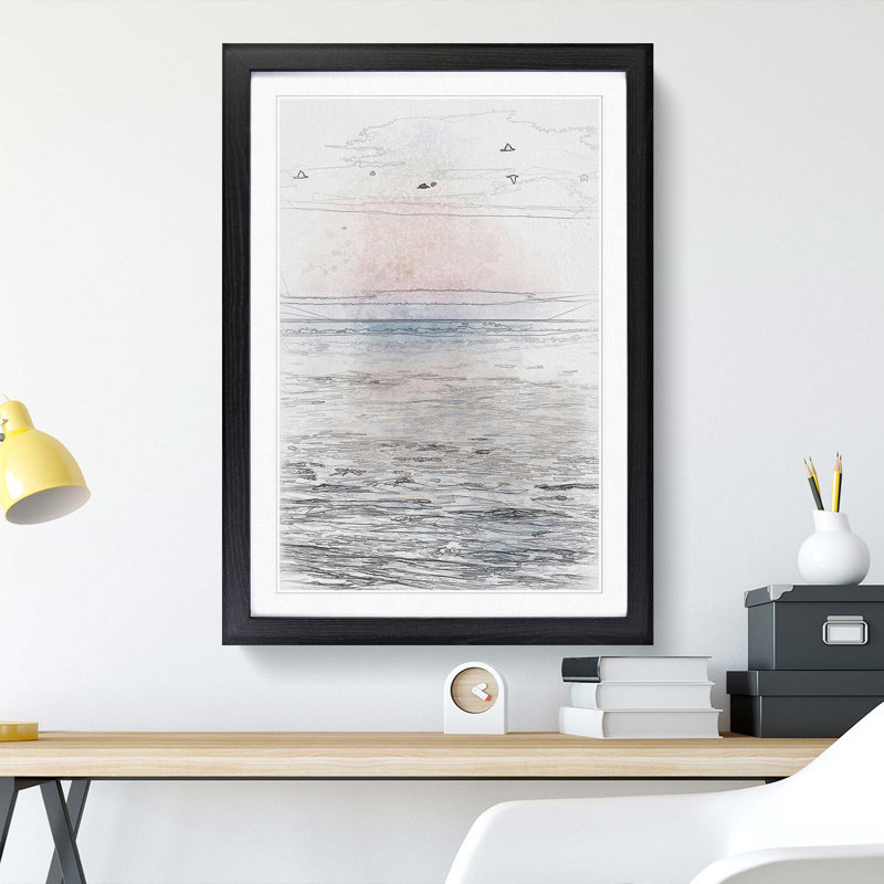 Birds Above the Ocean in Abstract - Picture Frame Graphic Art Print, 87cm H x 62cm W x 2cm D, Black Framed