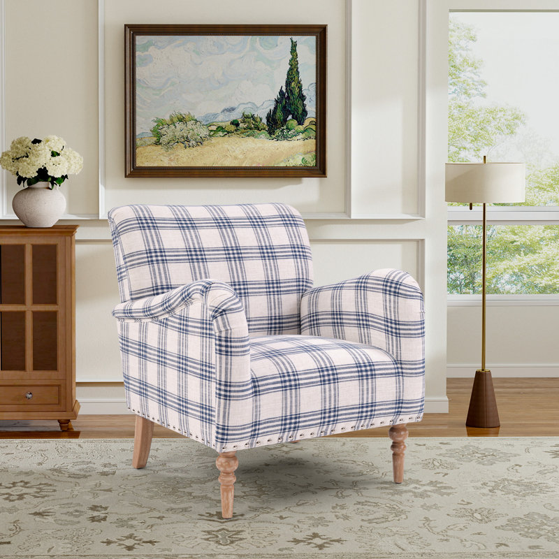 29" Wide Stylish Solid Wood Plaid Accent Chair With Nailhead Trim, Blue White