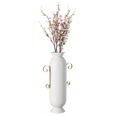 White Metal Floor Vase With 2 Gold Handles For Entryway, Living Room, or Dining Room