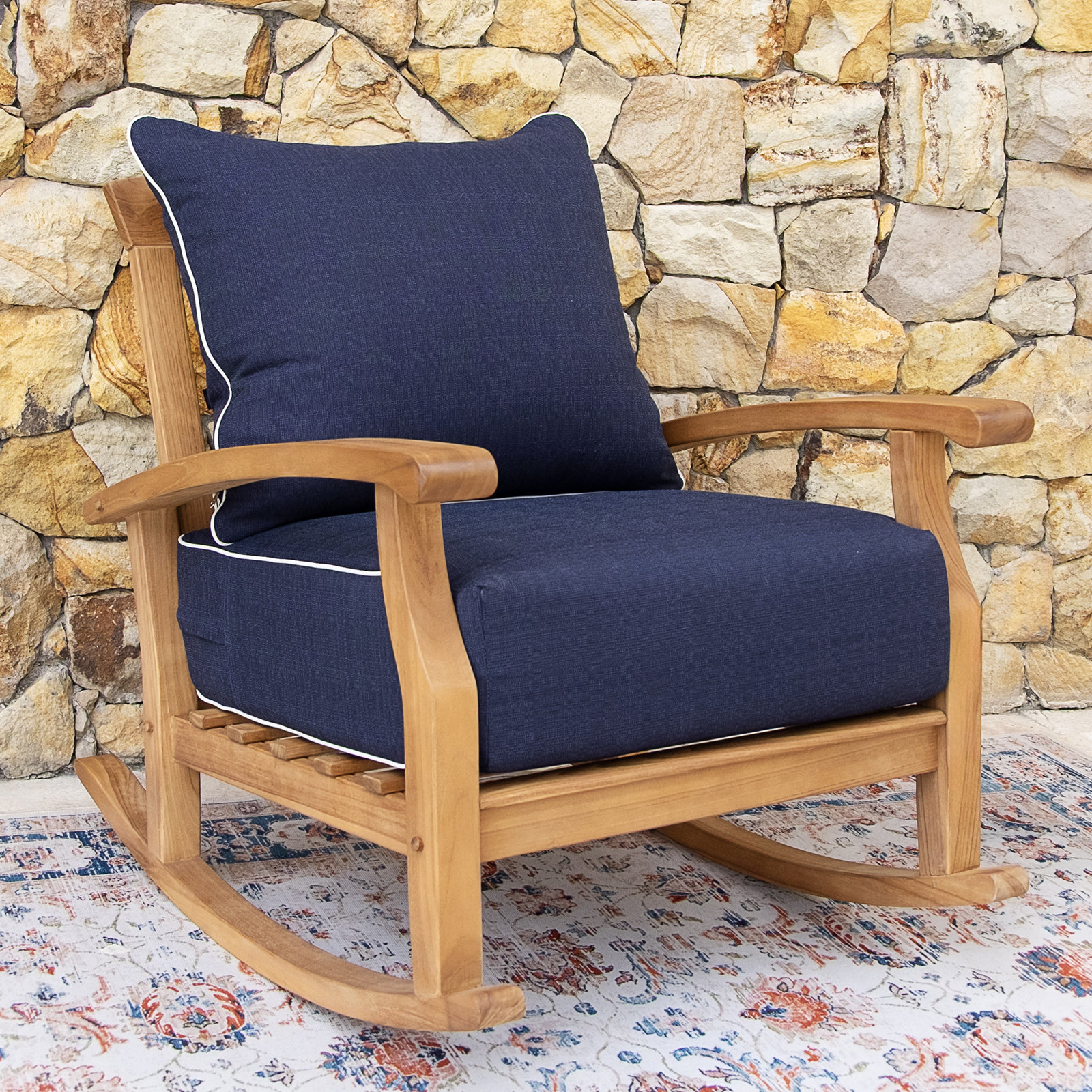 Summerton Teak Patio Rocking Chair, Navy White Piping, Natural