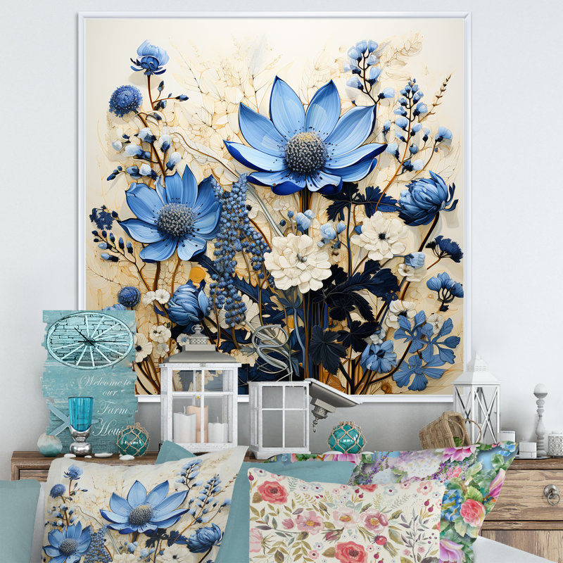 Bouquet de fleurs bleues et de fleurs blanches - Bonnets bleus FL107251, Blanc, H 16 po x l 16 po x P 1 po