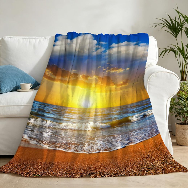 Jeté en flanelle de polaire bleu ultra doux, coucher de soleil spectaculaire sur un imprimé recto, Throw 50" x 60"