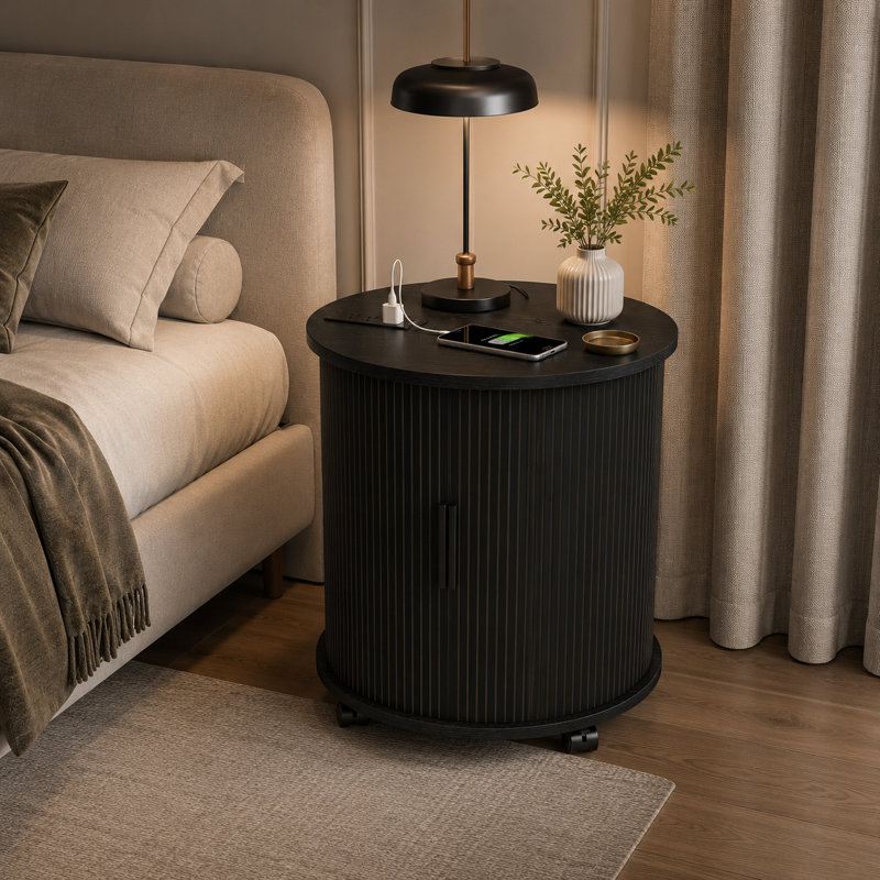 23.62'' Mid-Century Modern Round Nightstand with Charging Station, Black Finish Cylinder Side Table with Sliding Door and Storage
