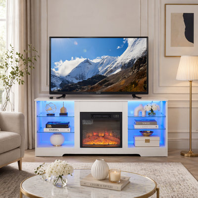 TV Stand Electric Fireplace TV Stand with Glass Shelves, 3D Fireplace TV Stand with LED Lights Wood with USB Charging Outlet Modern Television Table Center for TV up to 32-62"