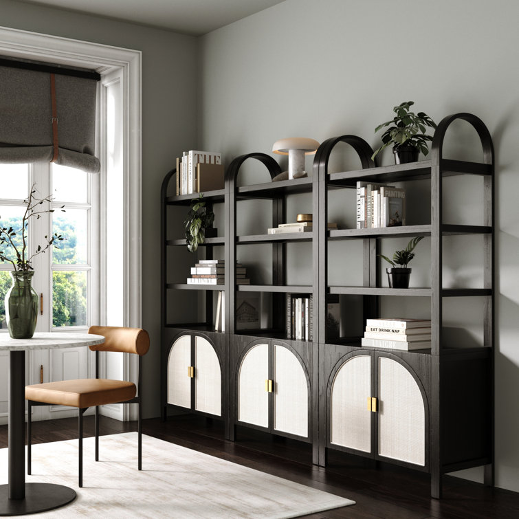 Boho 3-Shelf Bookshelf Cabinet With Rattan Doors
