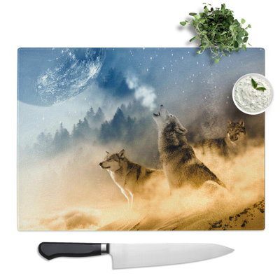 Wolves Howling At The Moon Forest Landscape Art  Glass Chopping Board