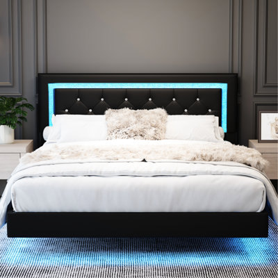 Black Queen Bed Frame With Dazzling Diamond Headboard And Led Lighting, Floating For Bedroom, No Box Spring Required, Metal Wood Structure, Quick Assembly Size, Studded Lights, Spring, Construction,
