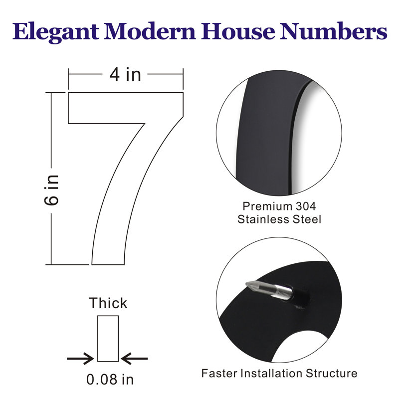 Numéro de maison à fixation flottante en acier inoxydable H 6 po, Noir, 7