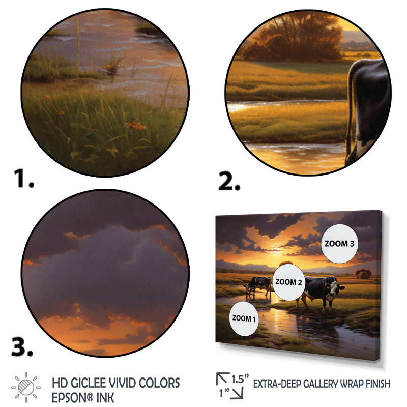«Kvon Cows At Farm Landscape II», reproduction sur toile, Cadre doré à une seule photo, H 16 po x l 32 po x P 1 po