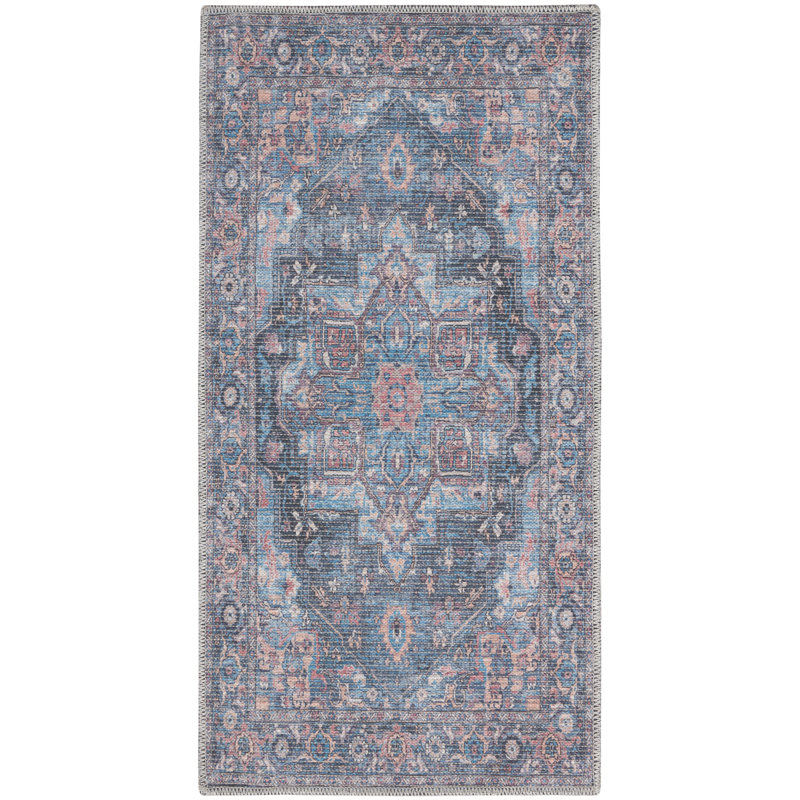 Medallion Machine Washable Polyester Area Rug in Light Blue/Orange/Gray, Rectangle 2' x 3'9"