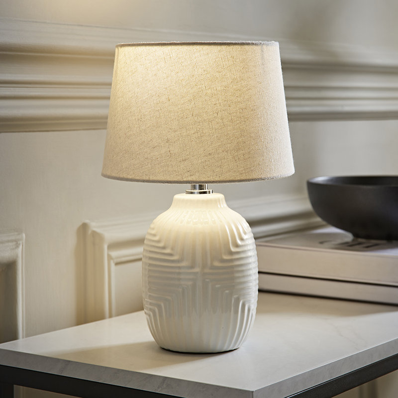 Harrison Tapered Lamp Shade Geometric Ribbed Pattern Gloss Small Table Lamp, Yes, 28.5cm H x 18cm W x 18cm D, White