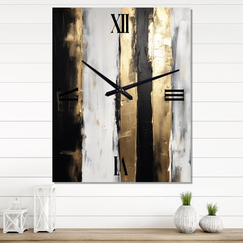 Minimal Joy In Black And Gold VIII - Abstract Painting Modern Wall Clock, H 28 po x l 12 po x P 1 po